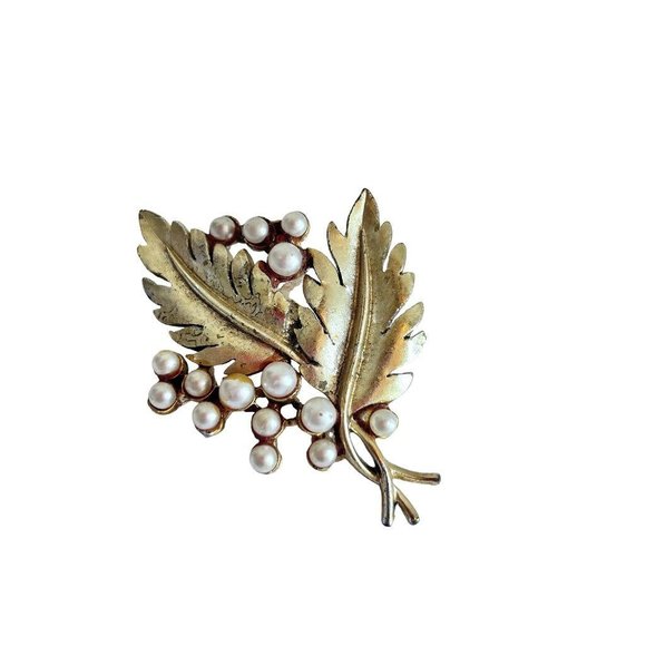 Vintage Goldtone Double Leaf Brooch Pin with Faux Pearl Details 2.25" - Picture 3 of 5
